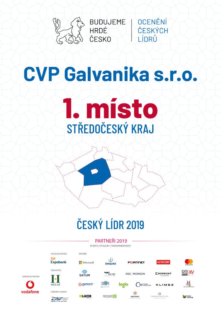 CVP Galvanika s.r.o. zvítězila ve Středočeském kraji v soutěži „OCENĚNÍ ČESKÝCH LÍDRŮ“
